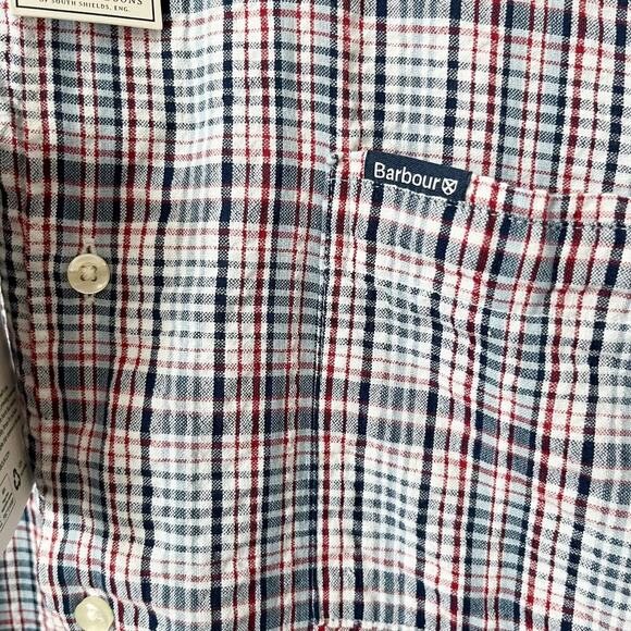 NWT Barbour Deanhill Summer Seersucker Plaid Button Up Shirt Mens Medium Navy - Picture 4 of 10